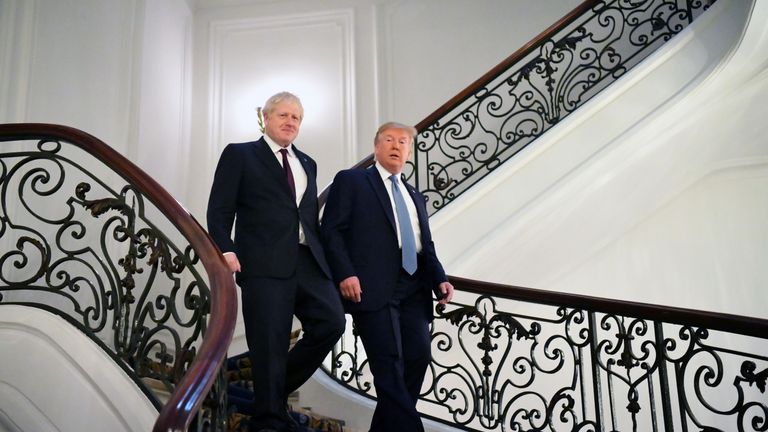 President Donald Trump and Britain&#39;s Prime Minister Boris Johnson arrive for a bilateral meeting during the G7 summit in Biarritz, France, August 25, 2019. REUTERS/Dylan Martinez/Pool