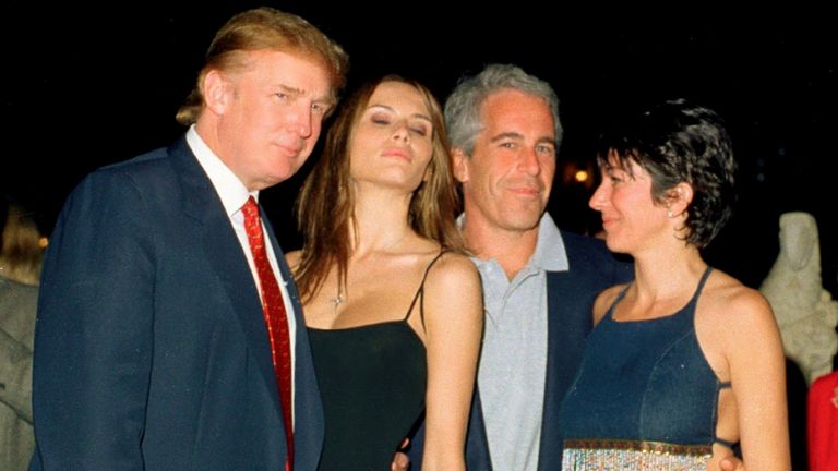 Donald Trump, Melania Trump, Jeffrey Epstein, and Ghislaine Maxwell pose together at the Mar-a-Lago club, Palm Beach, Florida, February 12, 2000