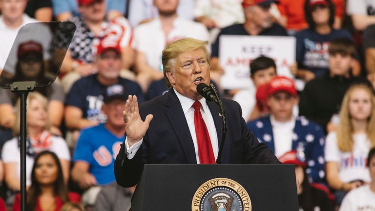 President Donald Trump speaks at a campaign rally in Cincinnati, Ohio