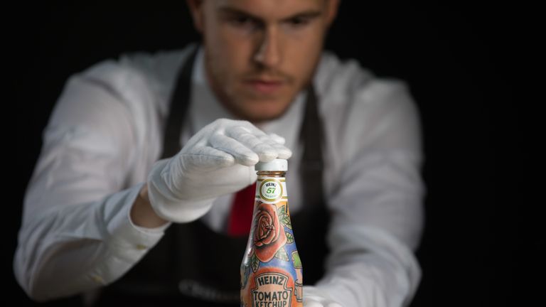 Ed Sheeran&#39;s Ed Sheeran x Heinz Tomato Ketchup, Tattoo Edition, is being auctioned at Christie&#39;s. Pic: David Parry