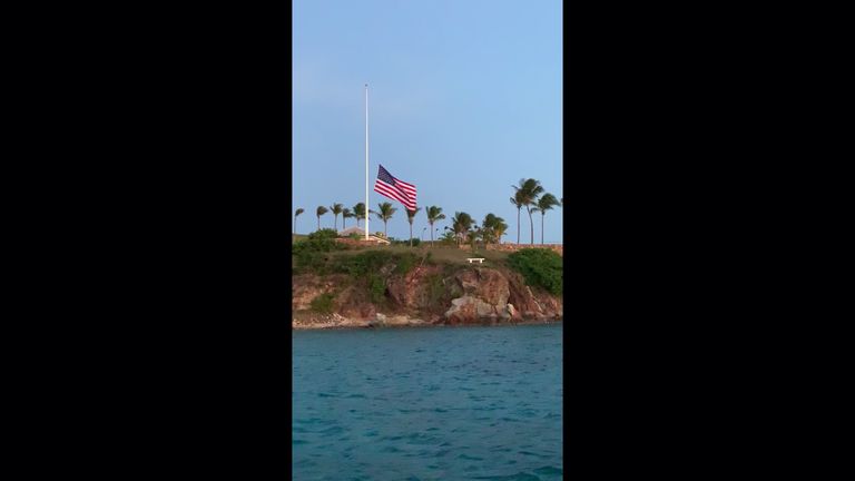 The flag at half mast on Epstein's island. Pic: Salty Dog Day Sails