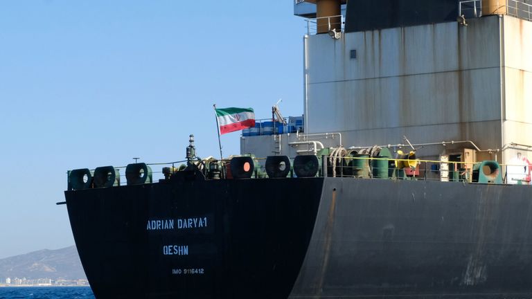 An Iranian flag flutters on board the Adrian Darya oil tanker, formerly known as Grace 1, off the coast of Gibraltar 