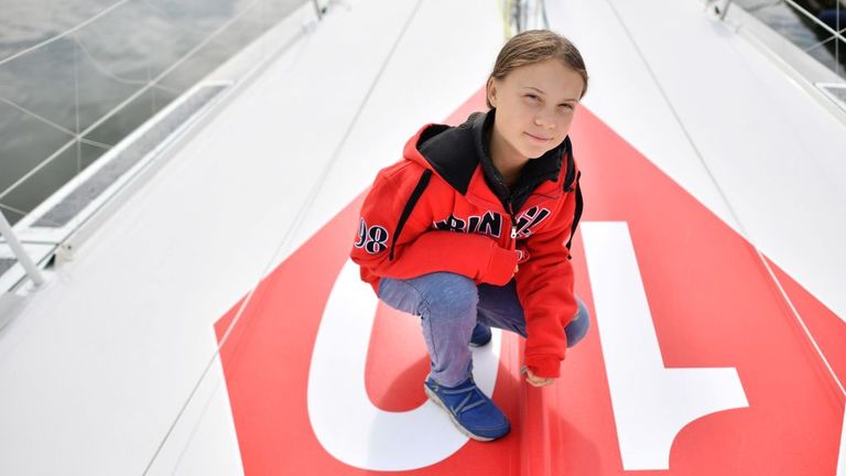 Swedish climate activist Greta Thunberg onboard the Malizia II yacht at the Mayflower Marina in Plymouth on August 13, 2019