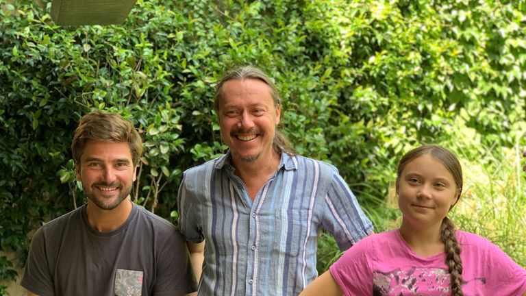 Greta and her father Svante Thunberg (C) and co-skipper Boris Hermann