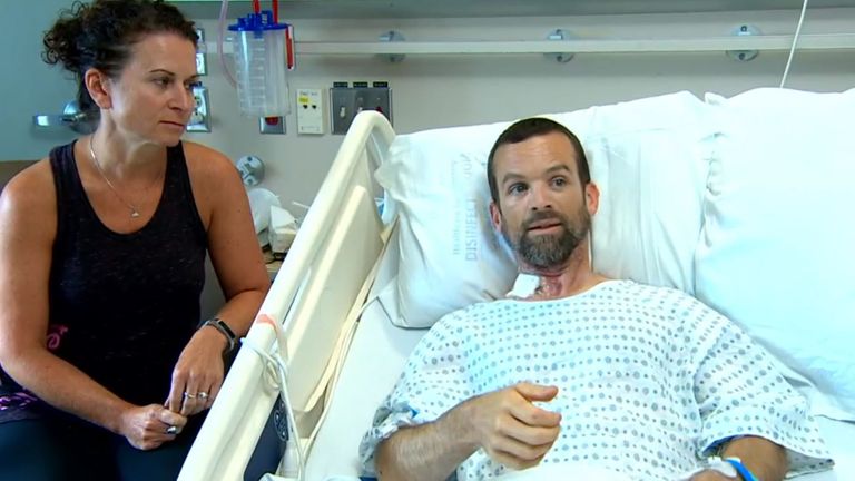 Colin Dowler recovering in hospital with his wife, Jen Dowler. Pic: CBC