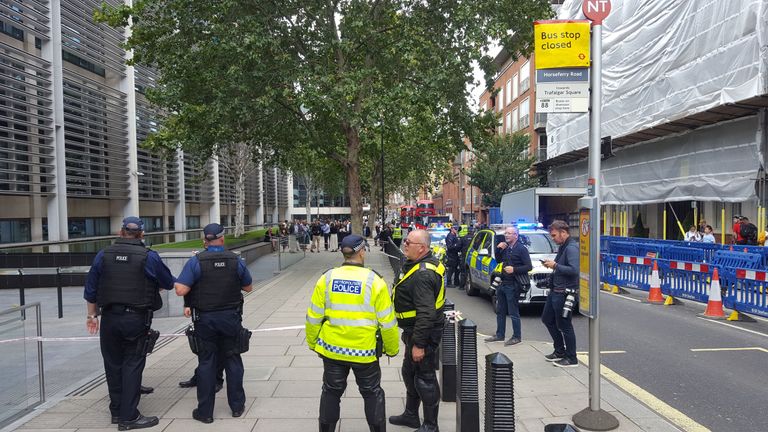 A police cordon outside the Home Office in London after an incident in which a man was stabbed