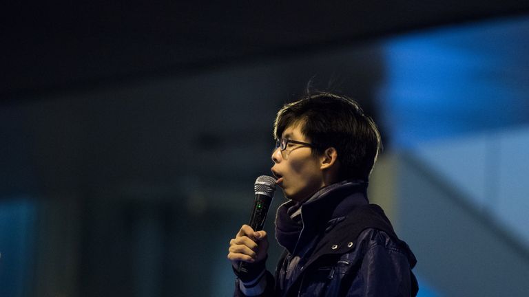 Joshua Wong addresses protestors at the movement&#39;s main protest site in the Admiralty district of Hong Kong on December 6, 2014