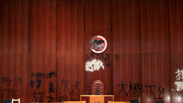 Damage inside the Legislative Council building after protesters stormed it 