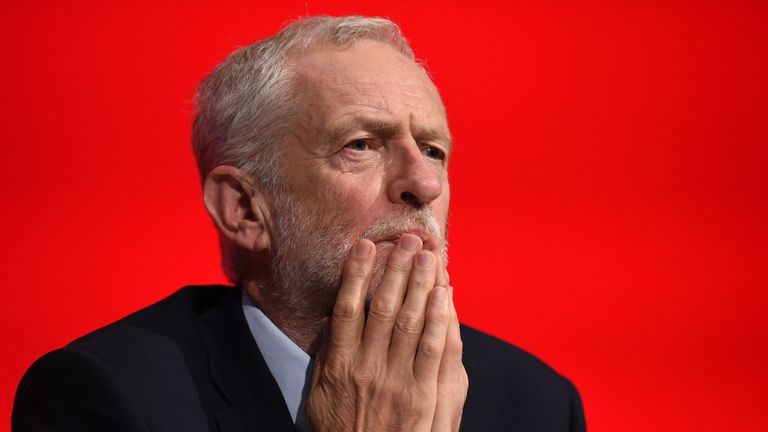 Britain&#39;s opposition Labour party leader Jeremy Corbyn looks on, on the third day of the Labour party conference in Liverpool, north west England on September 25, 2018. (Photo by Oli SCARFF / AFP)        (Photo credit should read OLI SCARFF/AFP/Getty Images)