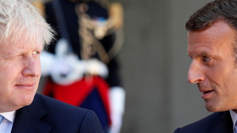 French President Emmanuel Macron and British Prime Minister Boris Johnson deliver a joint statement before a meeting on Brexit at the Elysee Palace in Paris, France, August 22, 2019. REUTERS/Gonzalo Fuentes