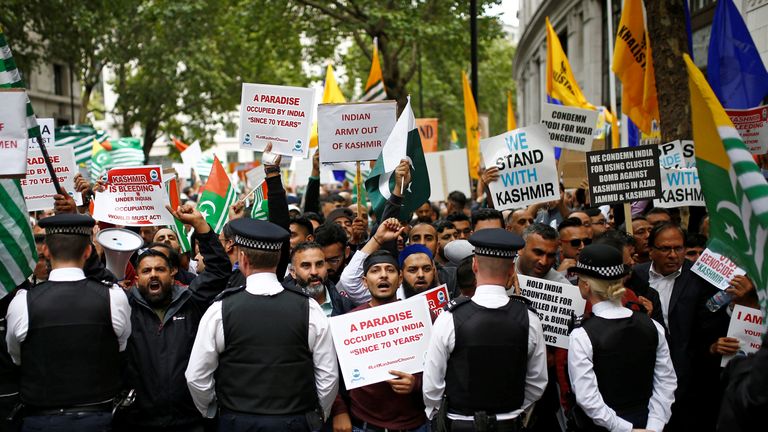 Demonstrators at a protest against the scrapping of the special constitutional status in Kashmir by the Indian government, outside the Indian High Commission in London