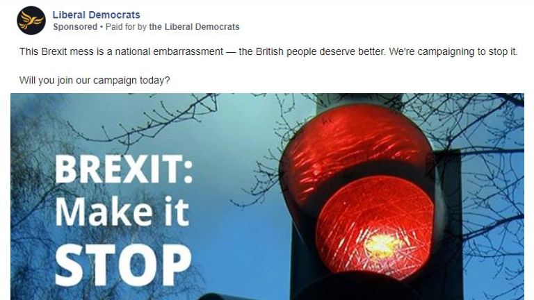 The Lib Dem advert edscribes Brexit as a &#39;national disgrace&#39;. Pic: Lib Dems