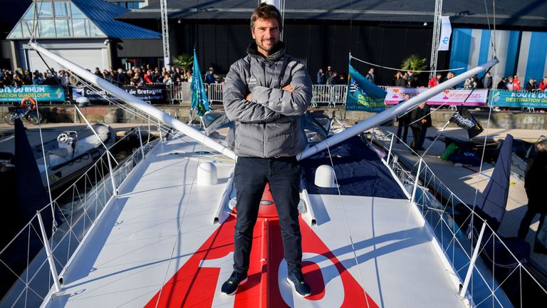 Skipper Boris Herrmann poses on a Imoca category monohull Malizia II yacht