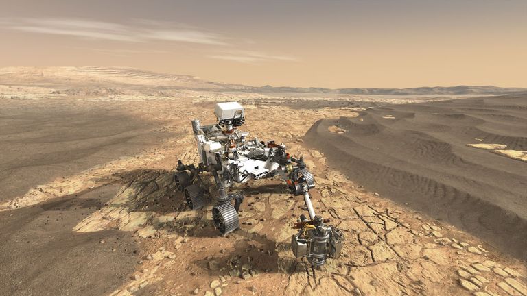 A render of the rover on Mars, where it should land in February 2021. Pic: NASA/JPL-Caltech