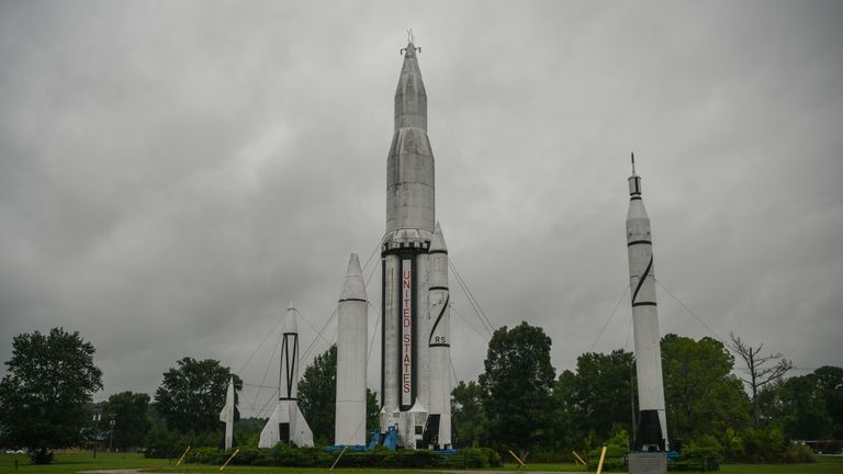 NASA rockets including the V-2 rocket and Saturn I rocket are seen at Marshall Space Flight Center