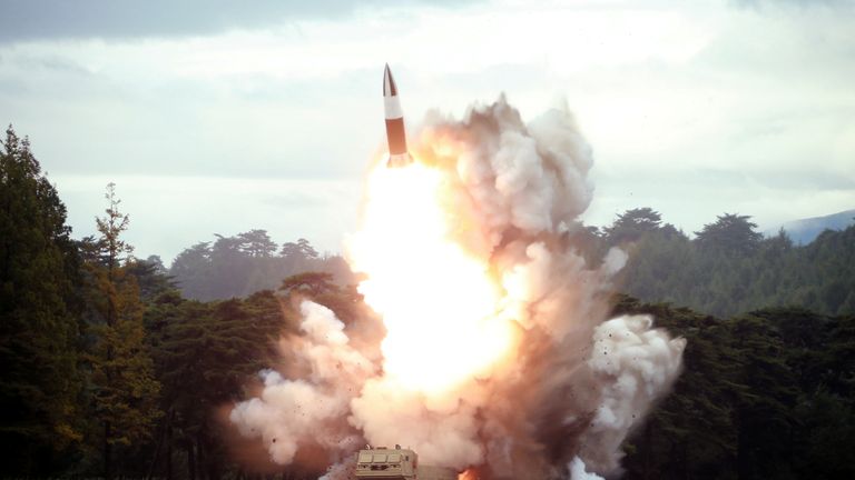 A photo from North Korea's Korean Central News Agency (KCNA) of a missile test fire on Friday