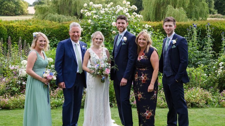 Andrew and his wife with his sister and father (left), and stepmum and brother (right)