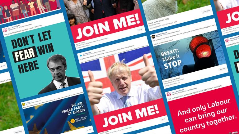 Boris Johnson features prominently on Conservative adverts, while Labour and the Lib Dems focus on Brexit