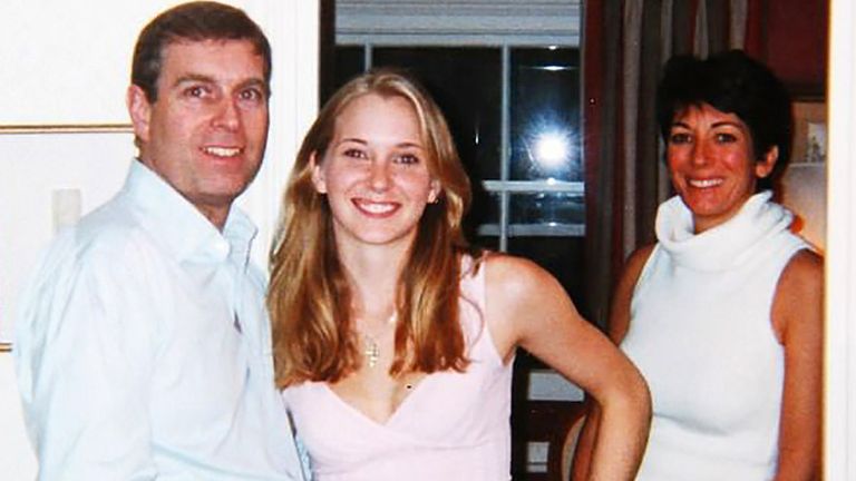 Prince Andrew and a 17-year-old Virginia Roberts at Ghislaine Maxwell's house in London in March 2001. Pic: Rex/Shutterstock