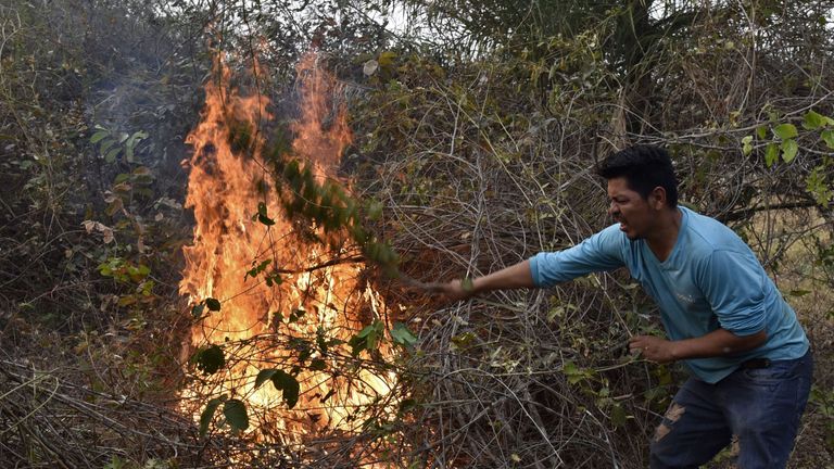 A volunteer tries to put out a fire in the surroundings of Robore in eastern Bolivia, on August 25, 2019
