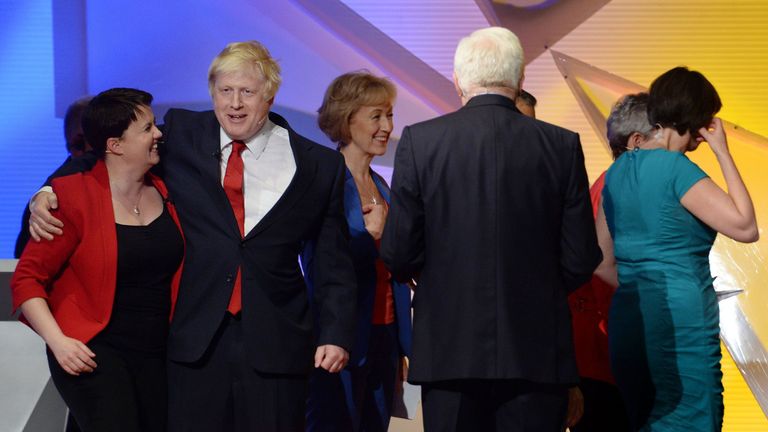 Boris Johnson and Scottish Conservative leader Ruth Davidson embrace after The Great Debate on BBC One
