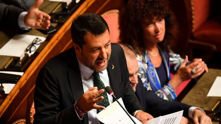 Deputy Prime Minister and Interior Minister Matteo Salvini delivers as speech at the Italian Senate, in Rome, on August 20, 2019