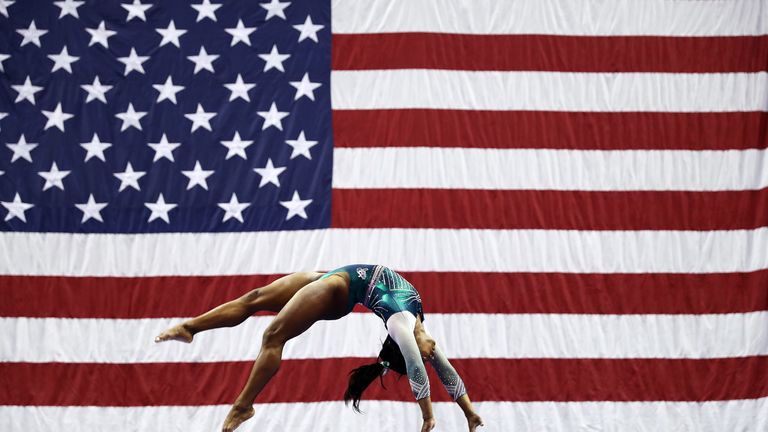 Simone Biles competes on the balance beam during the Senior Women&#39;s competition of the 2019 U.S. Gymnastics Championships at the Sprint Center on August 09, 2019 in Kansas City, Missouri