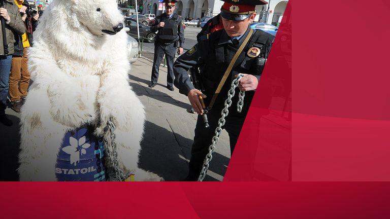 Greenpeace activists wearing polar bears costumes outside Norwegian oil and gas group Statoil's office in Moscow, on April 25, 2013, after their staged show against Statoil's planned drilling in the Arctic. According to Greenpeace the staged show was aimed to draw attention to the threats of the catastrophic climate and environment consequences of Arctic oil drilling