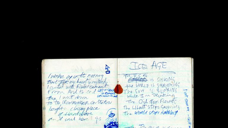 The Clash Joe Strummer&#39;s notebook from 1979, the period when the album London Calling was rehearsed and recorded. Open at page showing Ice Age, which was to become lyrics for the song London Calling. Part of The Clash: London Calling exhibition at the Museum Of London from November 15 2019