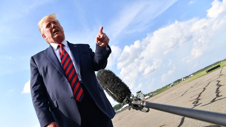 US President Donald Trump speaks to the press before boarding Air Force One in Morristown, New Jersey, on August 18, 2019. (Photo by Nicholas Kamm / AFP) (Photo credit should read NICHOLAS KAMM/AFP/Getty Images)