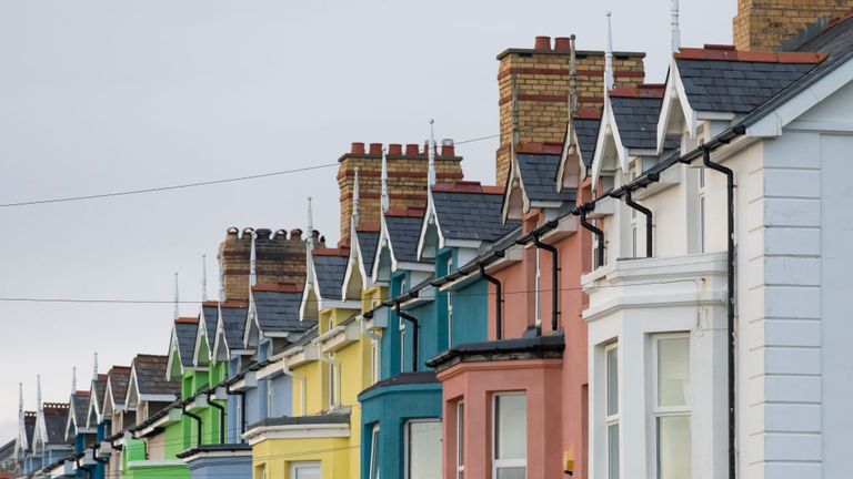 A general view of a row of colourful houses on May 24, 2019 in Borth, United Kingdom