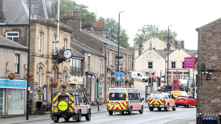 Emergency services in the village of Whaley Bridge, Cheshire as the nearby Toddbrook Reservoir was damaged in heavy rainfall. PRESS ASSOCIATION Photo. Picture date: Thursday August 1, 2019. See PA story WEATHER Rain. Photo credit should read: Danny Lawson/PA Wire 