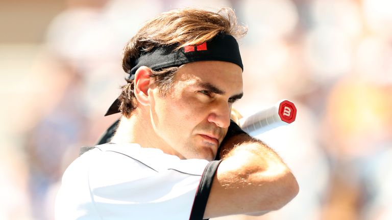 Roger Federer of Switzerland reacts during his Men&#39;s Singles third round match against Daniel Evans of Great Britain on day five of the 2019 US Open at the USTA Billie Jean King National Tennis Center on August 30, 2019 in Queens borough of New York City