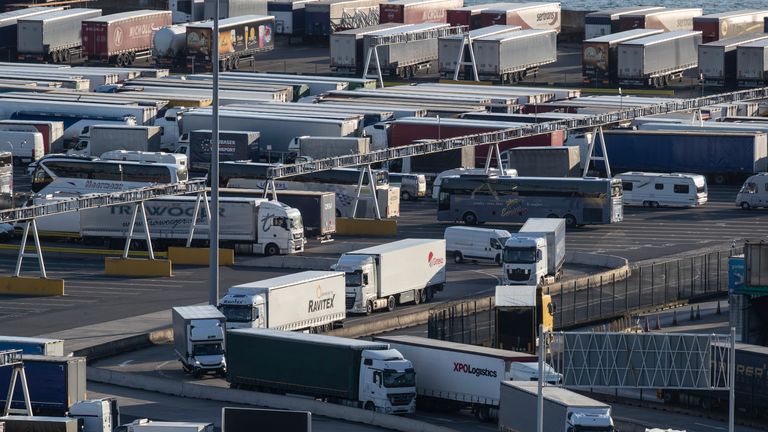 DOVER, ENGLAND - APRIL 04: Lorries arrive and depart from Dover Ferry Terminal on April 4, 2019 in Dover, England. It has been reported the Theresa May has written to the EU asking for an extension to leaving the EU until June 30, 2019.  (Photo by Dan Kitwood/Getty Images)
