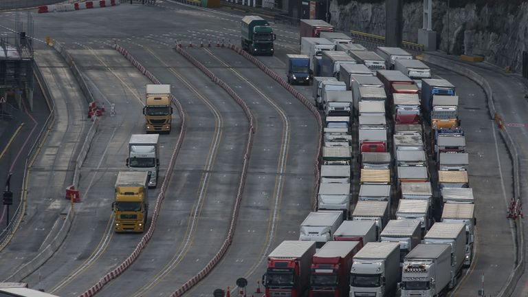 Lorries queue at the entrance of the port of Dover on the south coast of England on March 19, 2018. - Despite being the UK's gateway to Europe, locals in Dover on England's south coast voted 62 percent in favour of leaving the European Union. Since the 2016 referendum the British government has vowed to pull out of the European single market and customs union, which the port authority fears will lead to massive holdups for up to 10,000 lorries passing through each day. Dover handles up to £122 billion ($172 billion, 140 billion euros) of trade annually, with trucks currently processed in two minutes. But despite no solution being found a year ahead of Britain leaving the bloc, Brexit voters believe future benefits of the EU exit will outweigh any short-term chaos. (Photo by Daniel LEAL-OLIVAS / AFP)        (Photo credit should read DANIEL LEAL-OLIVAS/AFP/Getty Images)