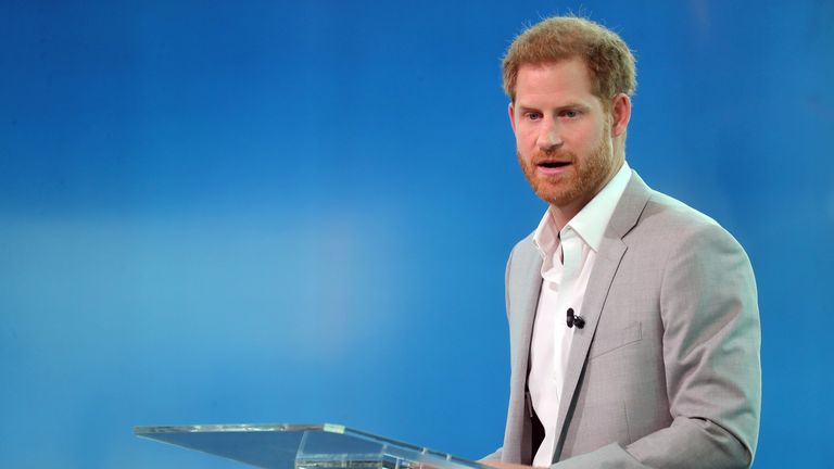 AMSTERDAM, NETHERLANDS - SEPTEMBER 03: Prince Harry, Duke of Sussex announces a partnership between Booking.com, SkyScanner, CTrip, TripAdvisor and Visa called 'Travalyst' at A'dam Tower on September 03, 2019 in Amsterdam, Netherlands. The initiative is to help transform the travel industry to better protect tourist destinations. (Photo by Chris Jackson/Getty Images)