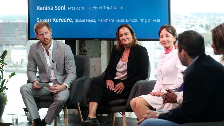 AMSTERDAM, NETHERLANDS - SEPTEMBER 03: Prince Harry, Duke of Sussex speaks to Chairwoman of booking.com Gillian Tans, CEO Ctrip Jane Sun, President Hotels TripAdvisor Kanika Soni, Global Head of Merchand Sales and Acquiring VISA Suzan Kereere and CEO Skyscanner Bryan Dove as they announce a partnership between Booking.com, SkyScanner, CTrip, TripAdvisor and Visa called 'Travalyst' at A'dam Tower on September 03, 2019 in Amsterdam, Netherlands. The initiative is to help transform the travel industry to better protect tourist destinations. (Photo by Chris Jackson/Getty Images)