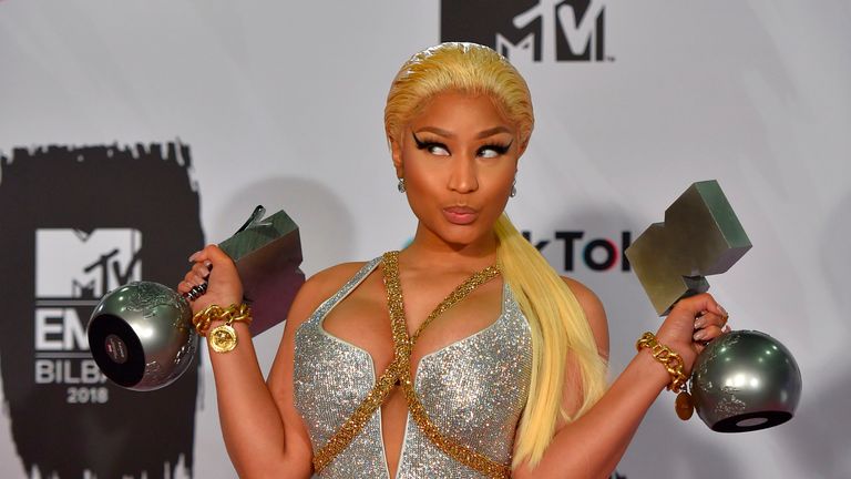 TOPSHOT - Trinidadian-US rapper Nicki Minaj poses backstage with her awards during the MTV Europe Music Awards at the Bizkaia Arena in the northern Spanish city of Bilbao on November 4, 2018. (Photo by ANDER GILLENEA / AFP)        (Photo credit should read ANDER GILLENEA/AFP/Getty Images)