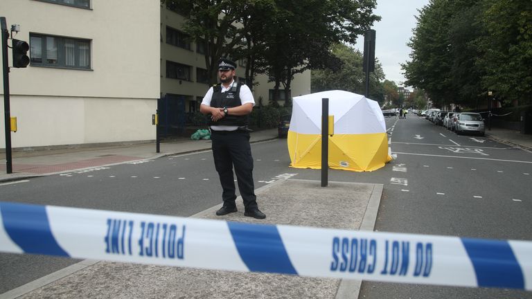 The scene on Malden Road, Kentish Town, north-west London, where a man was found with a gunshot wound after police, including armed officers, were called to a shooting late on Sunday night.