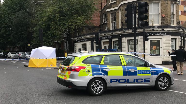 The scene at the junction of Malden Road and Prince of Wales Road, Kentish Town, north-west London, where a man was found with a gunshot wound after police, including armed officers, were called to a shooting late on Sunday night.