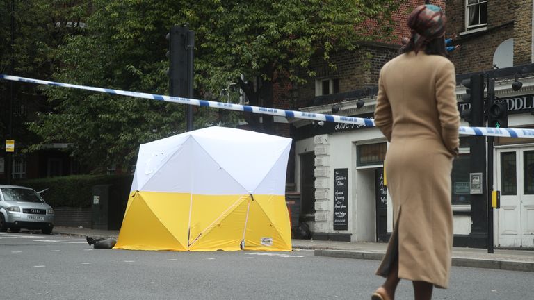 The scene on Malden Road, Kentish Town, north-west London, where a man was found with a gunshot wound after police, including armed officers, were called to a shooting late on Sunday night.
