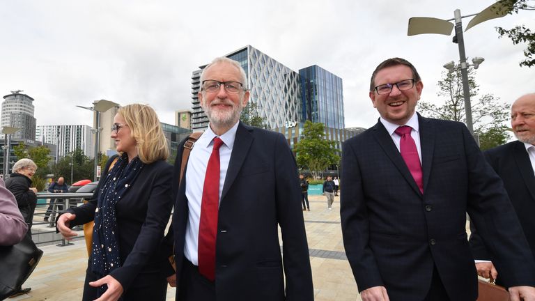 SALFORD, ENGLAND - SEPTEMBER 02:  Labour Party leader Jeremy Corbyn walks with members of his shadow cabinet (from left) Shadow Business Secretary Rebecca Long Bailey, Shadow Communities Secretary, Andrew Gwynne and Shadow Minister for the Cabinet Office. John Trickett to hold a meeting in Salfordahead of a shadow cabinet meeting on September 02, 2019 in Salford, England. The Labour leader is due to make a major speech in which he will speak about the battle to stop a No Deal Brexit. The weekend saw demonstrations all over the country against Boris Johnson’s move to suspend parliament. (Photo by Anthony Devlin/Getty Images)