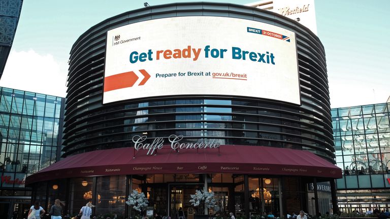 An electronic display showing a &#39;Get ready for Brexit&#39; Government advert,in London.