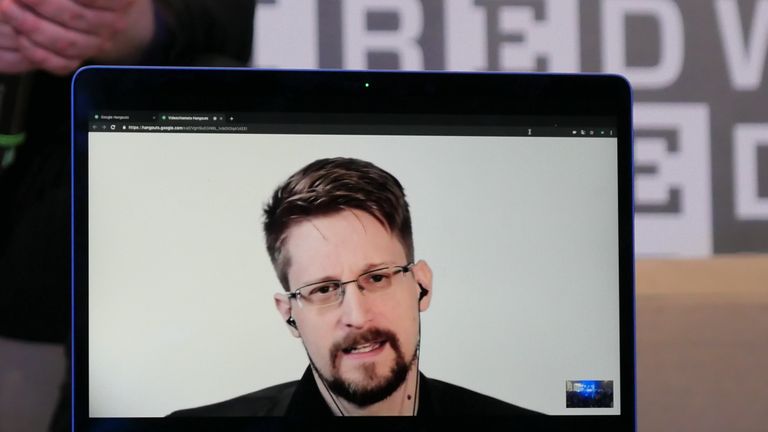 MILAN, ITALY - MAY 26: Computer security consultant Edward Snowden in connection from Russia during  the Wired Next Fest 2019 at the Giardini Indro Montanelli on May 26, 2019 in Milan, Italy. (Photo by Rosdiana Ciaravolo/Getty Images)
