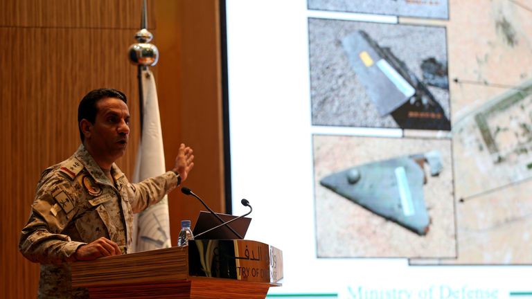 Saudi defence ministry spokesman Colonel Turki Al-Malik displays on a screen drones which Saudi government says attacked an Aramco oil facility, during a news conference in Riyadh, Saudi Arabia September 18, 2019. REUTERS/Hamad I Mohammed