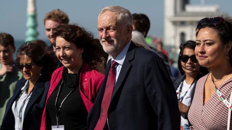 BRIGHTON, ENGLAND - SEPTEMBER 21: Labour leader, Jeremy Corbyn and Brighton Council leader, Nancy Platt walk with young party members along Brighton Promenade for a staged arrival picture ahead of the 2019 Labour Party Conference on September 19, 2019 in Brighton, England. Labour return to Brighton for the 2019 conference against a backdrop of political turmoil over Brexit. (Photo by Dan Kitwood/Getty Images)