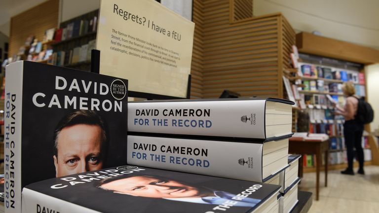LONDON, ENGLAND - SEPTEMBER 19: Copies of "For The Record", the autobiography of Britain's former Prime Minister David Cameron, is seen on display in Waterstones book store on September 19, 2019 in London, United Kingdom. "For The Record" By David Cameron goes on sale today ahead of Conservative Party Conference next week. (Photo by Leon Neal/Getty Images)