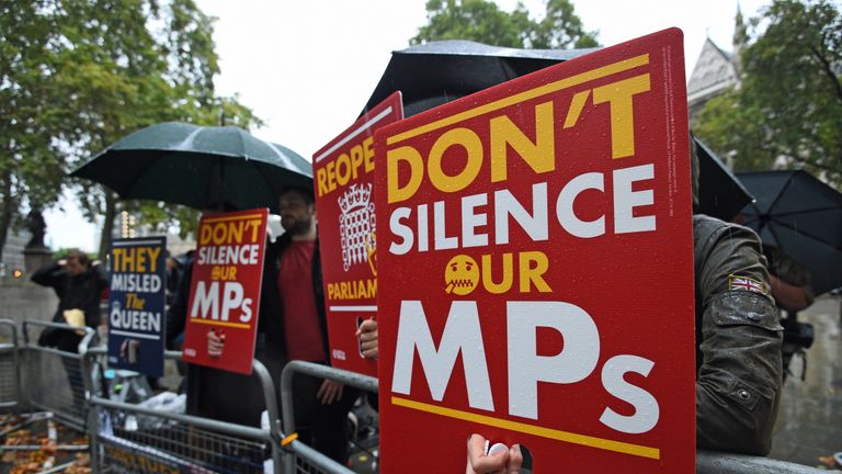 Protesters outside the Supreme Court in London, where judges are ruling on the legality of Prime Minister Boris Johnson's decision to suspend Parliament for five weeks.