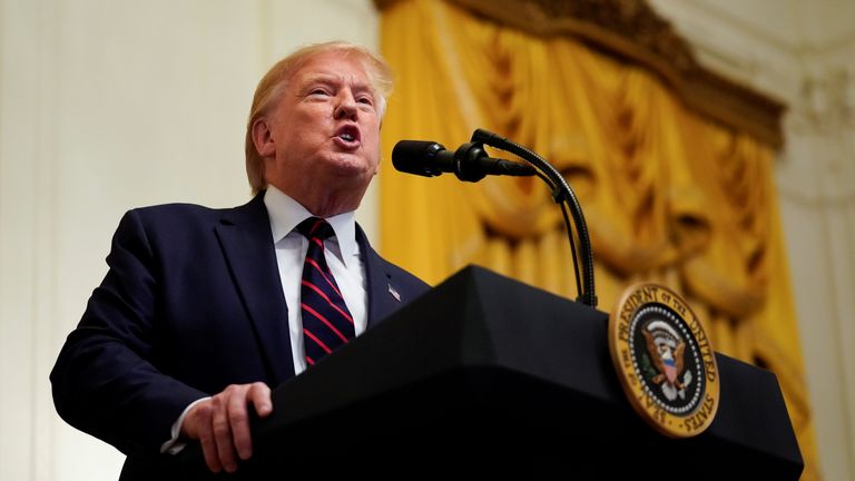 U.S. President Donald Trump speaks at the Hispanic Heritage Month reception at the White House in Washington, U.S., September 27, 2019. REUTERS/Kevin Lamarque