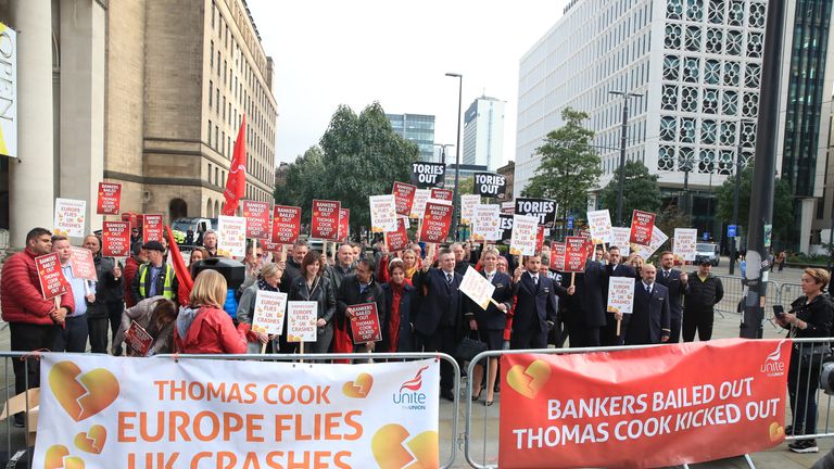 Former Thomas Cook cabin crew and staff protesting outside the Manchester Convention Centre at the Conservative Party Conference.